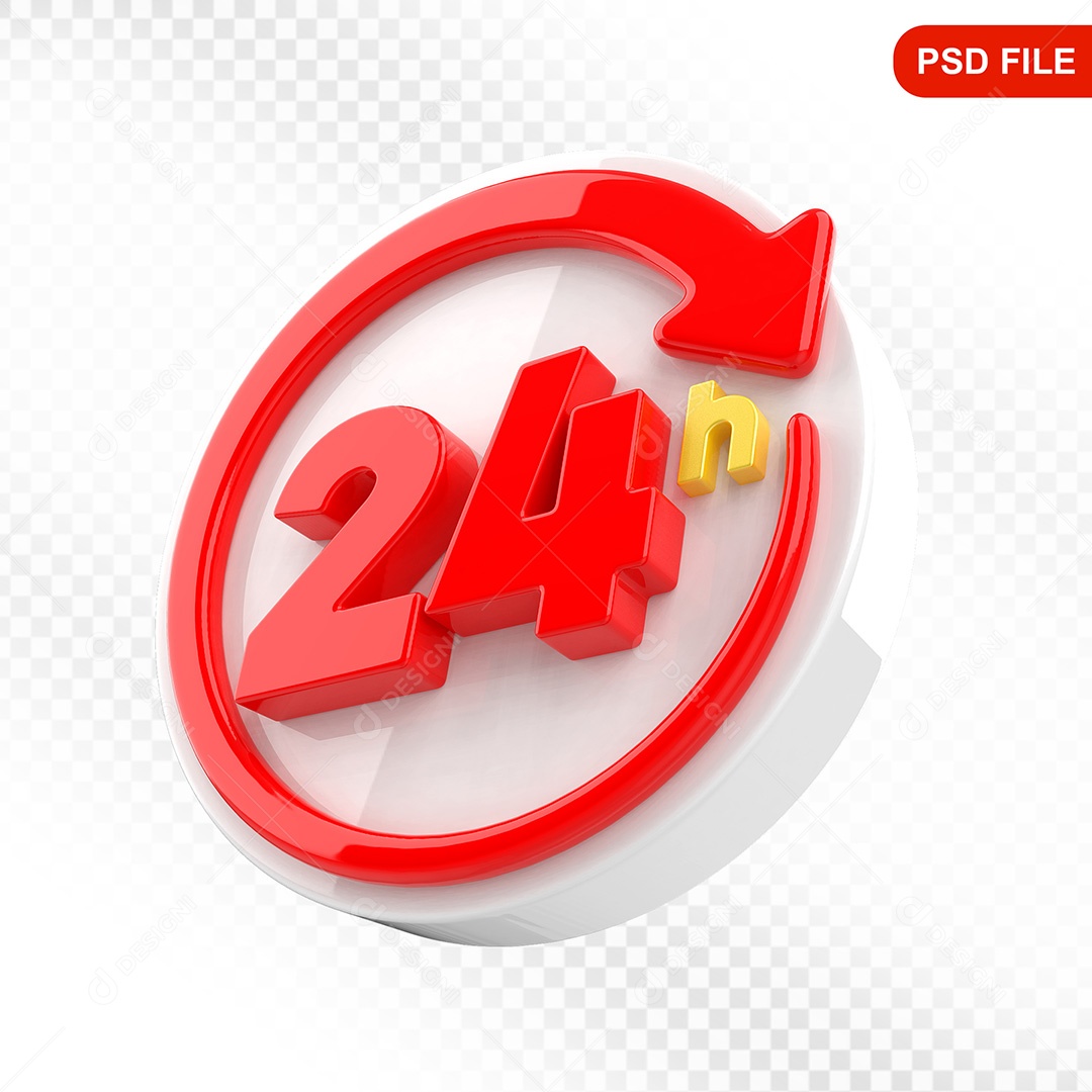 Elemento 3D Ícone Serviço 24 Horas Branco e Vermelho Para Composição PSD
