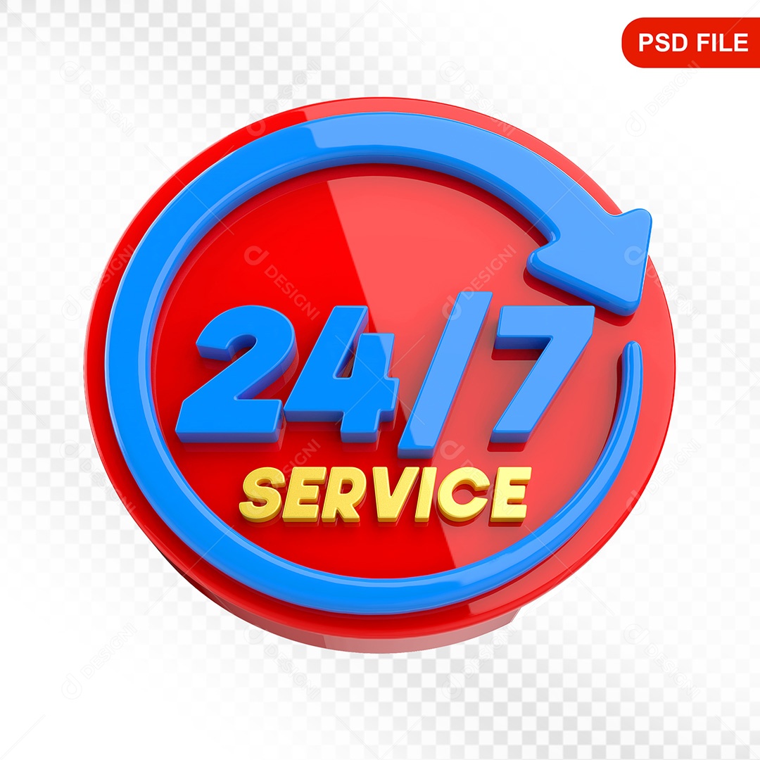 Elemento 3D Ícone Serviço 24 Horas 7 Dias vermelho e Azul Para Composição PSD