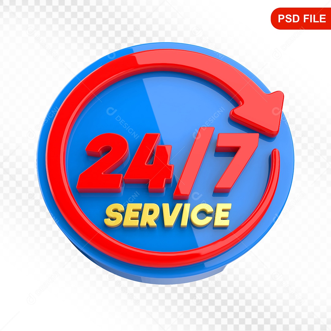 Elemento 3D Ícone Serviço 24 Horas 7 Dias Azul e Vermelho Para Composição PSD
