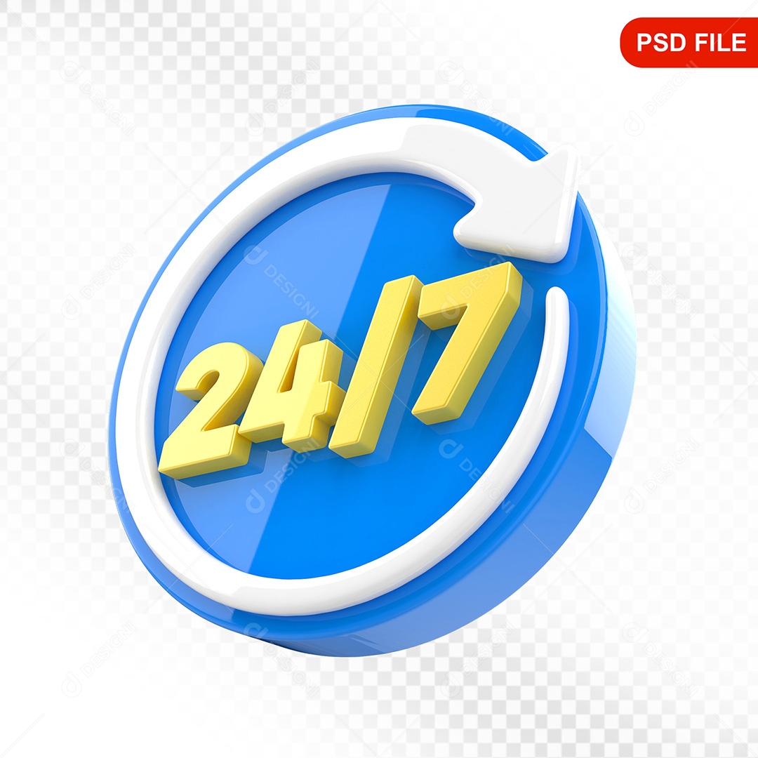 Elemento 3D Ícone Serviço 24 Horas 7 Dias Azul  e Branco Para Composição PSD