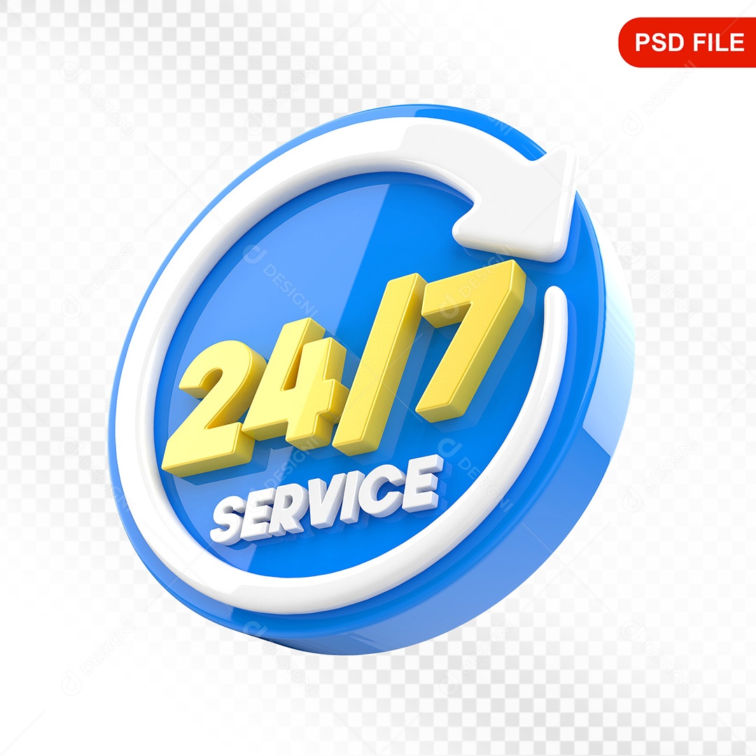 Elemento 3D Ícone Serviço 24 Horas 7 Dias Azul e Branco Para Composição PSD