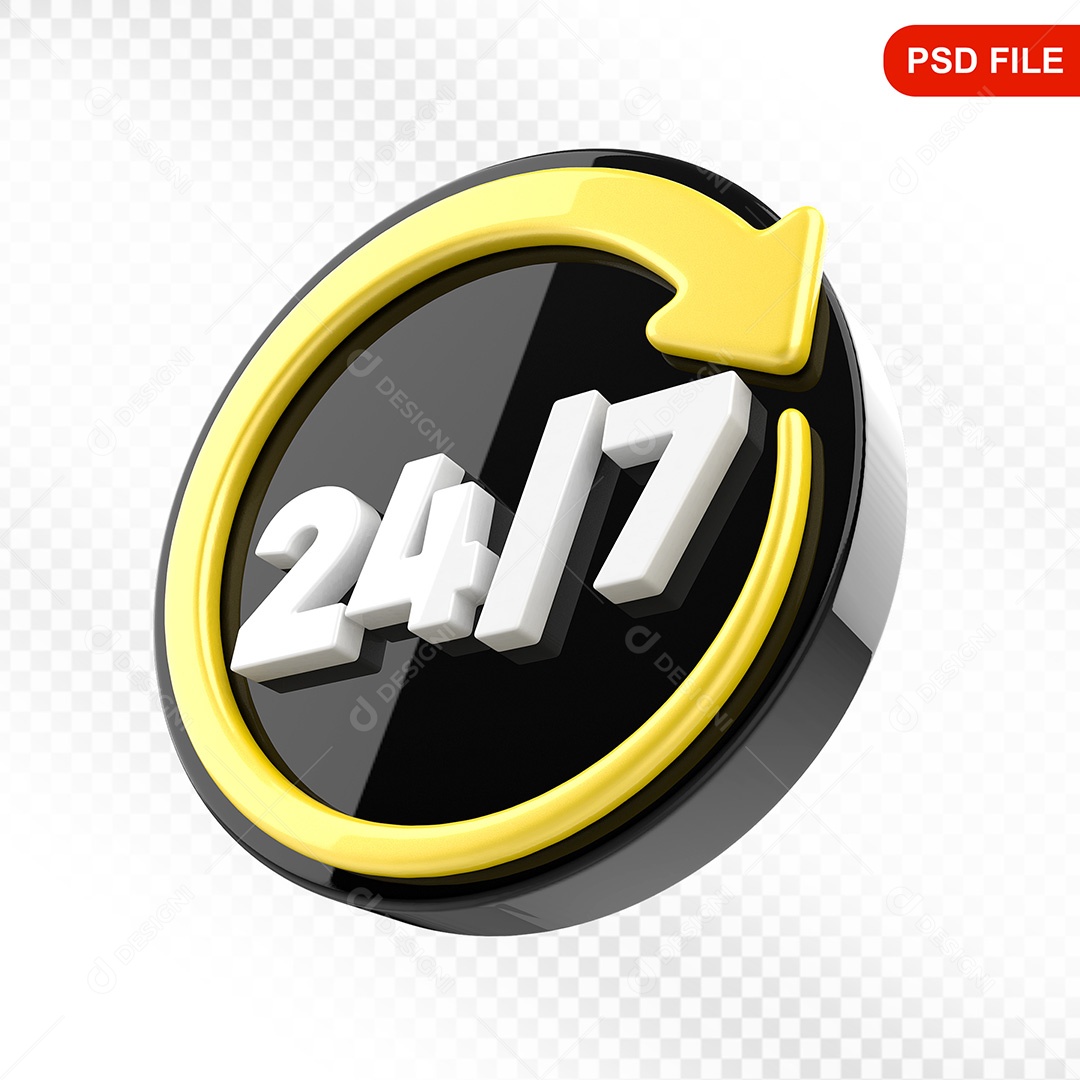 Elemento 3D Ícone Serviço 24 Horas 7 Dias Preto e Amarelo Para Composição PSD