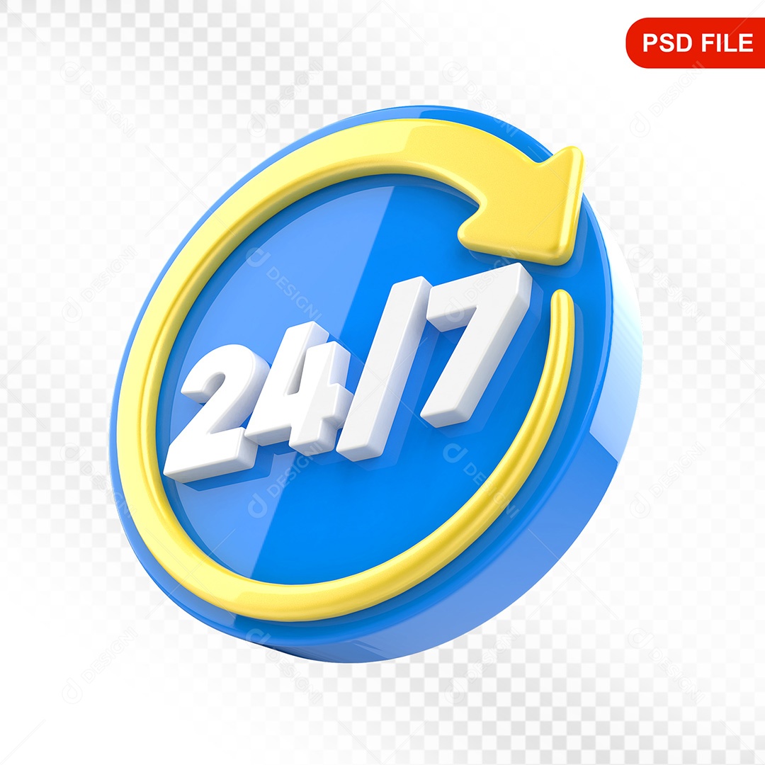 Elemento 3D Ícone Serviço 24 Horas 7 Dias Azul e Amarelo Para Composição PSD