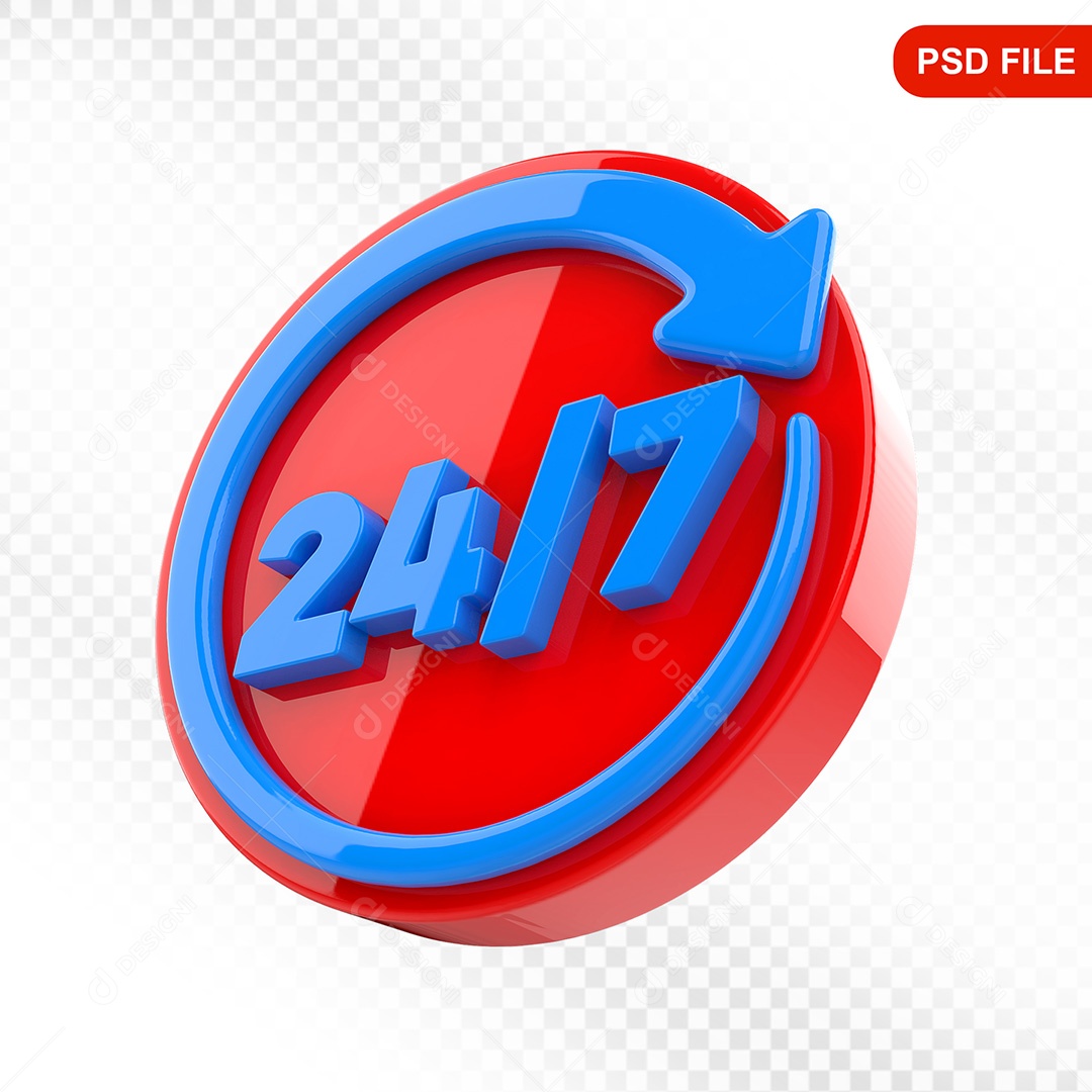 Elemento 3D Ícone Serviço 24 Horas 7 Dias Vermelho e Azul Para Composição PSD