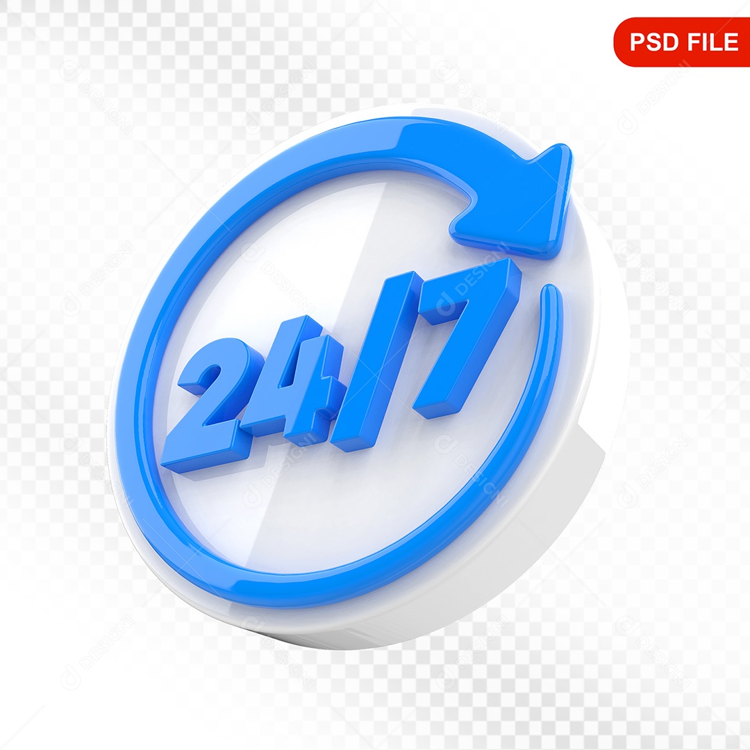 Elemento 3D Ícone Serviço 24 Horas 7 Dias Branco  e Azul Para Composição PSD