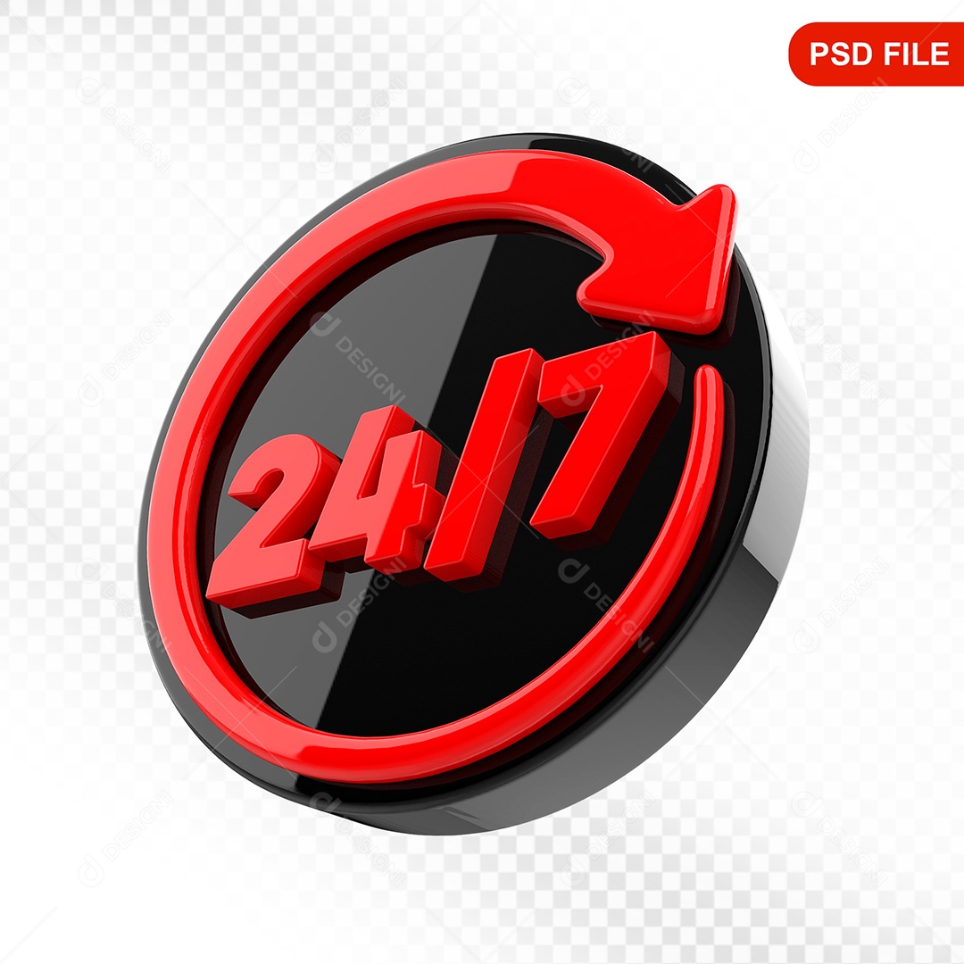 Elemento 3D Ícone Serviço 24 Horas 7 Dias Preto e Vermelho Para Composição PSD