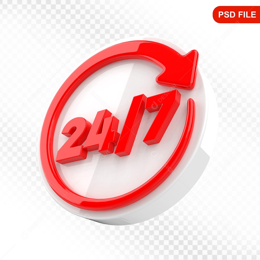Elemento 3D Ícone Serviço 24 Horas 7 Dias Branco e Vermelho Para Composição PSD