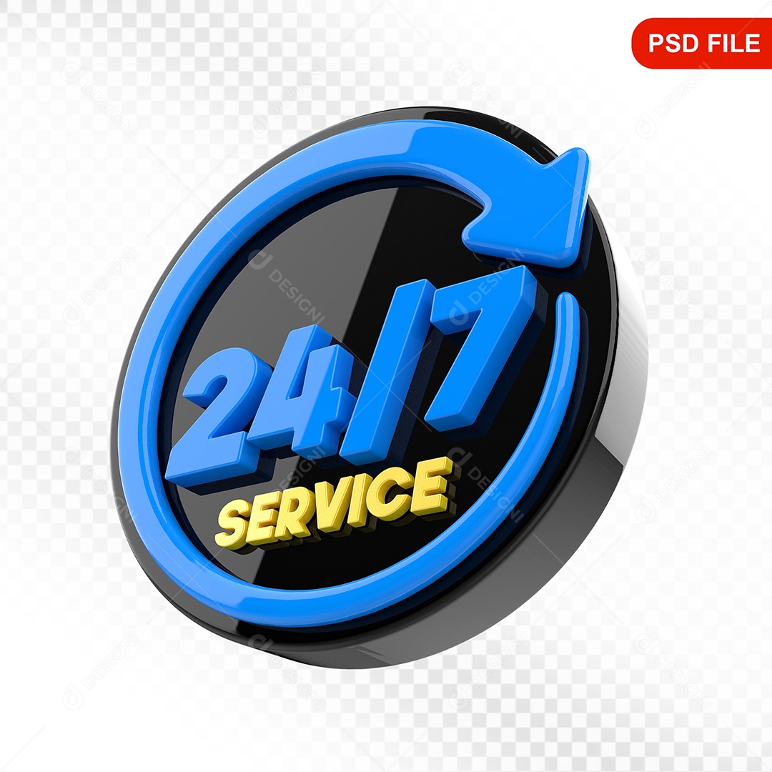 Elemento 3D Ícone Serviço 24 Horas 7 Dias Preto e Azul Para Composição PSD
