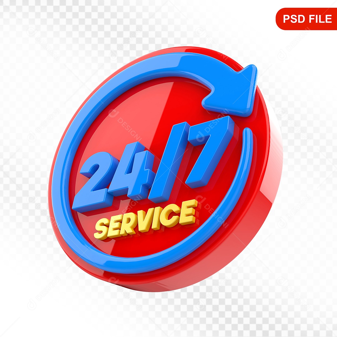Elemento 3D Ícone Serviço 24 Horas 7 Dias Vermelho e Azul Para Composição PSD