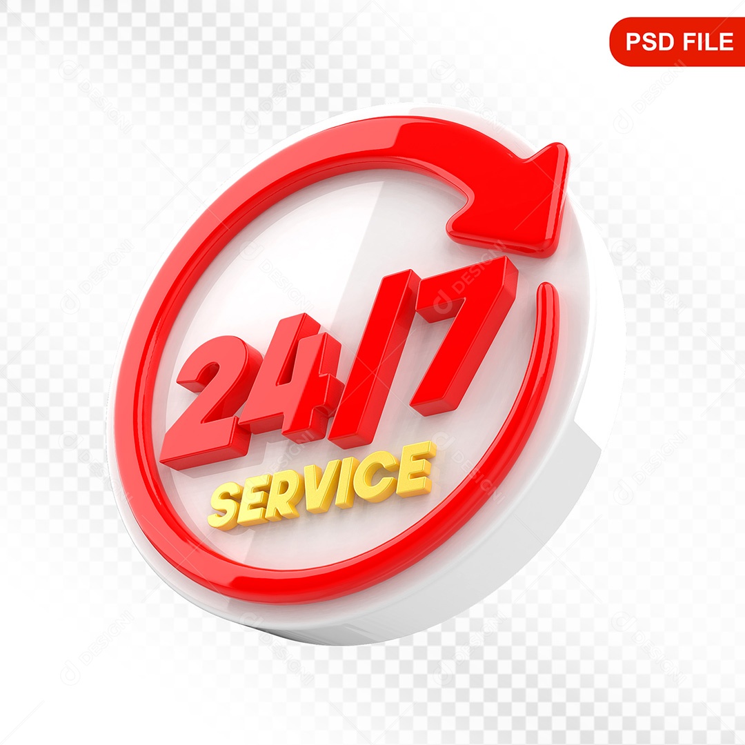 Elemento 3D Ícone Serviço 24 Horas 7 Dias Branco e Vermelho Para Composição PSD