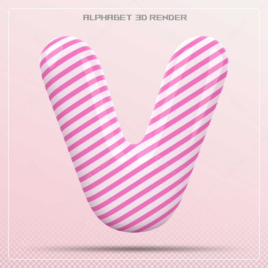 Letra V Maiúscula Branca Com Listras Rosa Elemento 3D Para Composição PSD