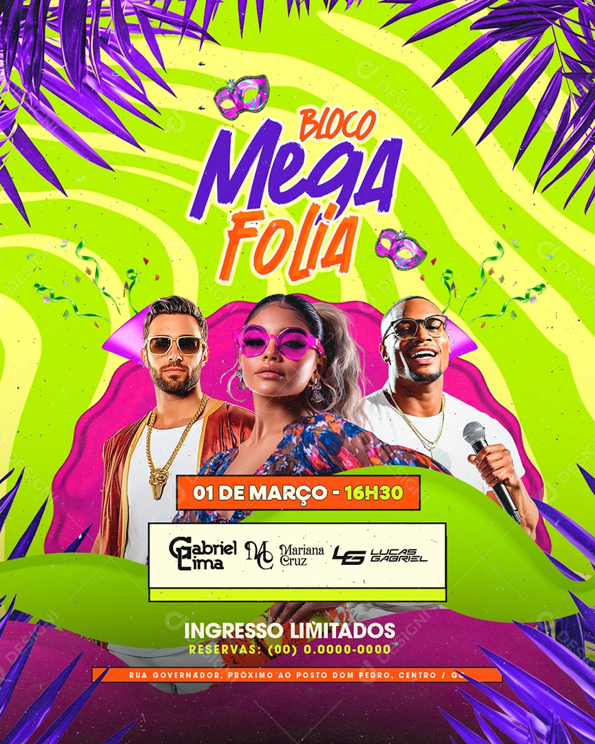 Flyer Carnaval Bloco Mega Folia Social Media PSD Editável