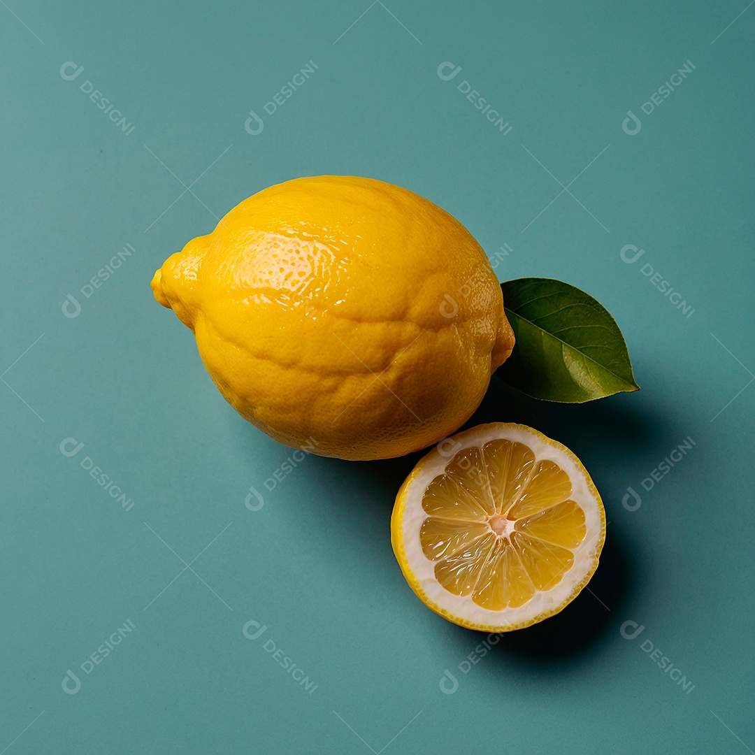 Limão amarelo com uma folha verde