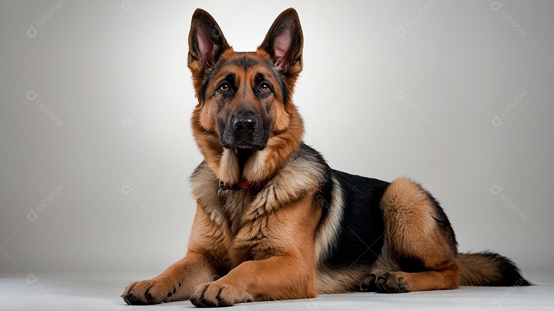 Pastor alemão deitado olhando direto