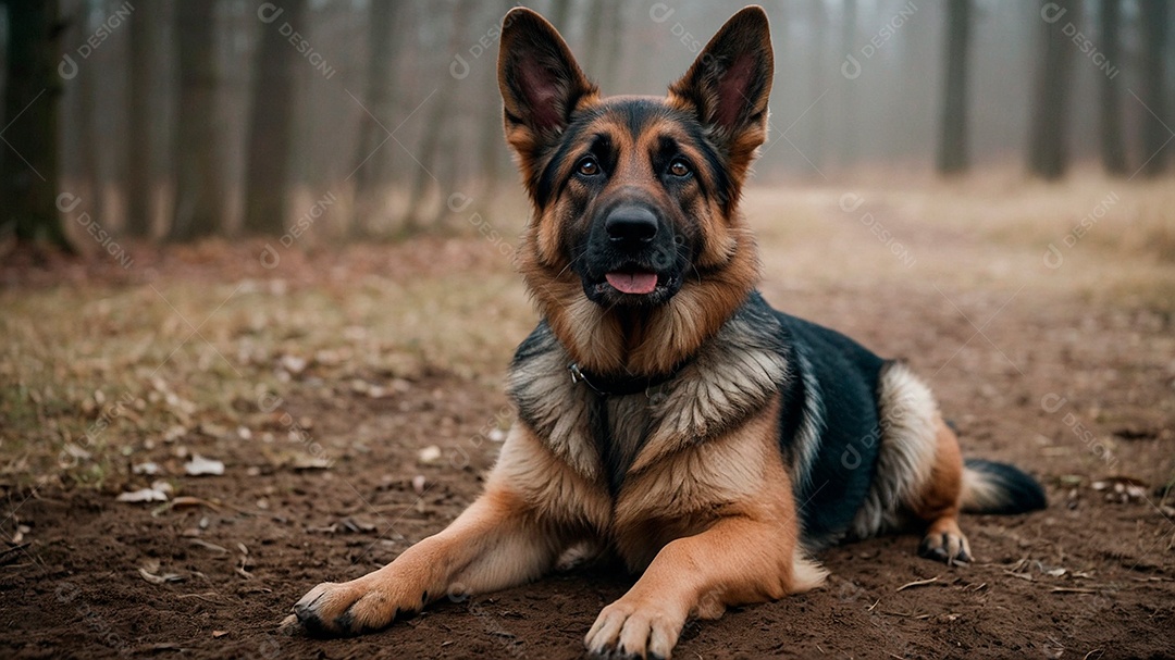 Cachorro pastor alemão preto em uma floresta