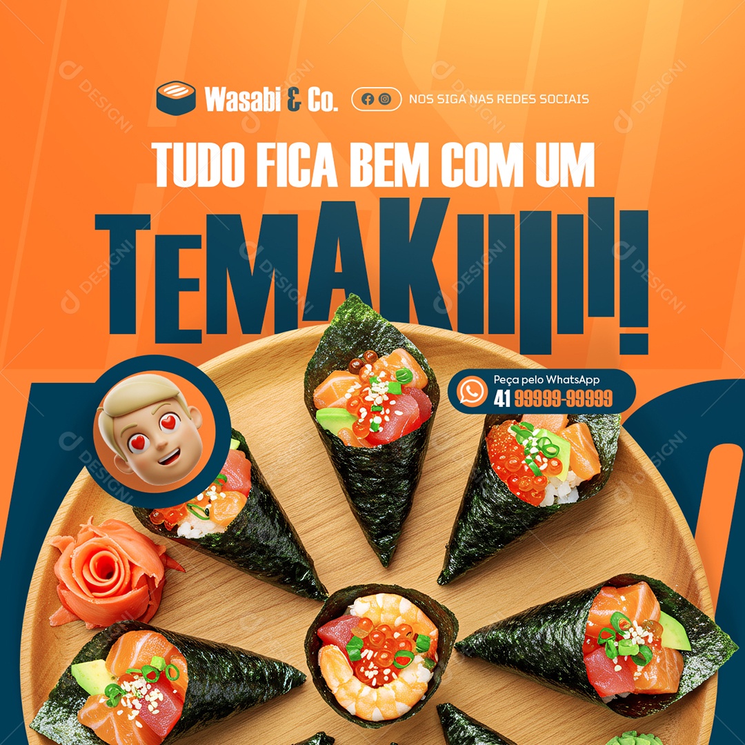 Restaurante Japonês Tudo Fica Bem com Um Temaki Social Media PSD Editável