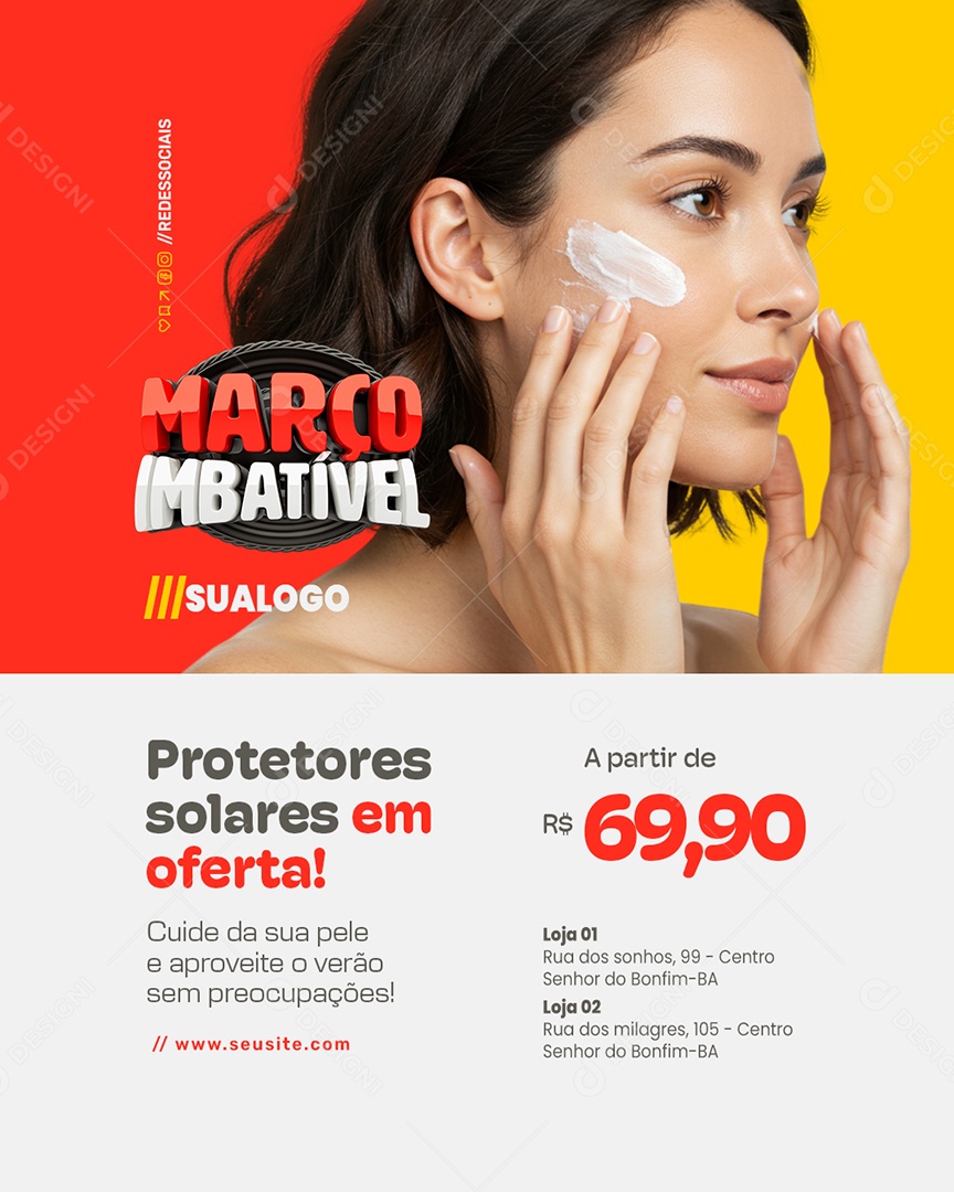 Farmácia Março Imbatível Proteores Solares em Oferta Social Media PSD Editável