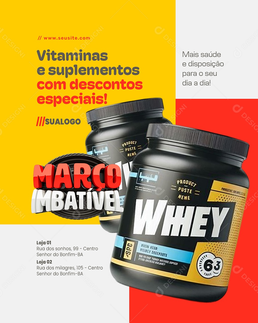 Farmácia Março Imbatível Vitaminas e Suplementos Social Media PSD Editável