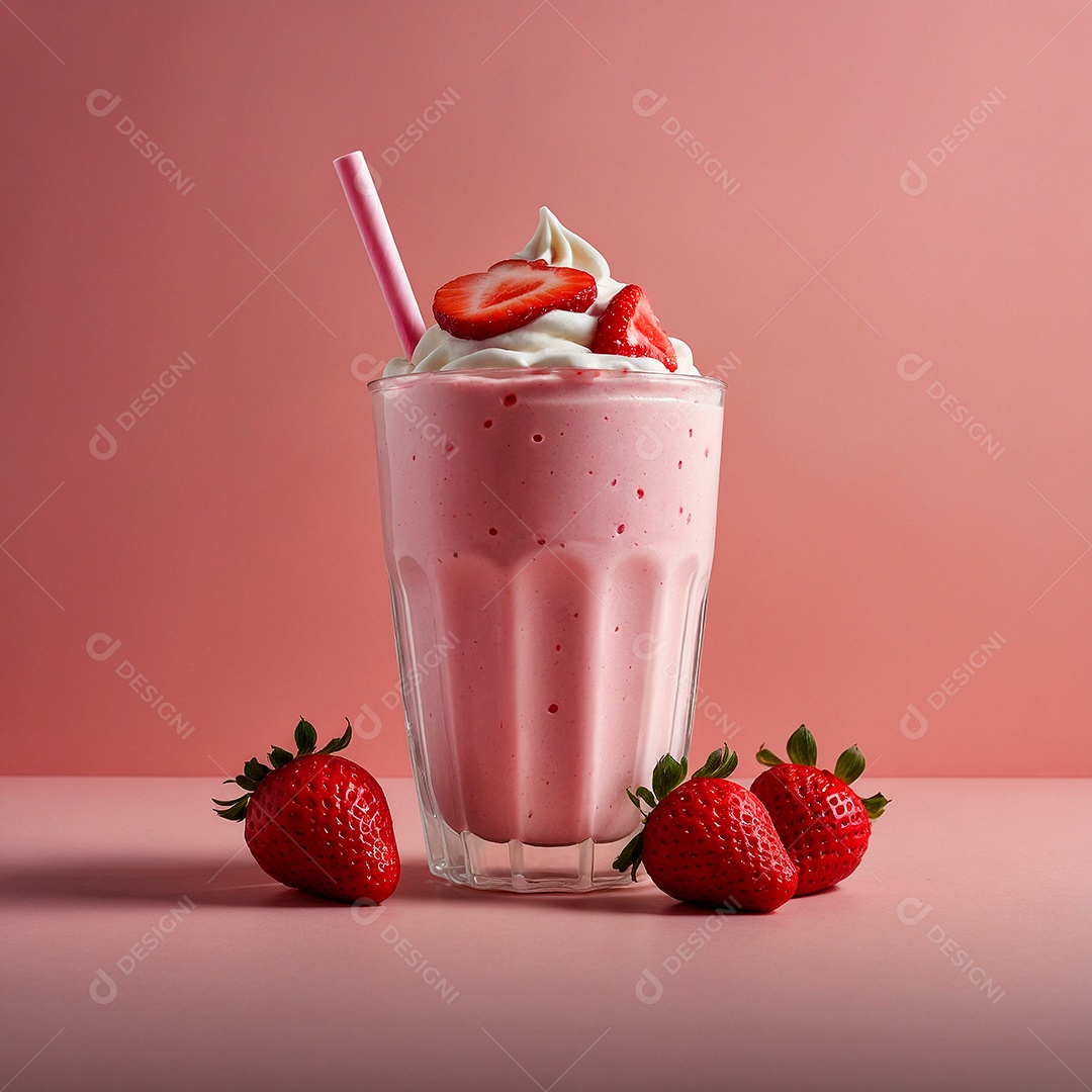 Copo de milk shake com chantilly e morangos