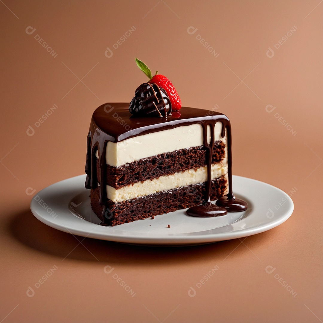 Fatia de bolo de chocolate com morango