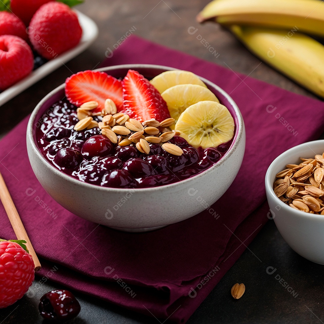 Tigela com açaí com morangos bananas e granolas