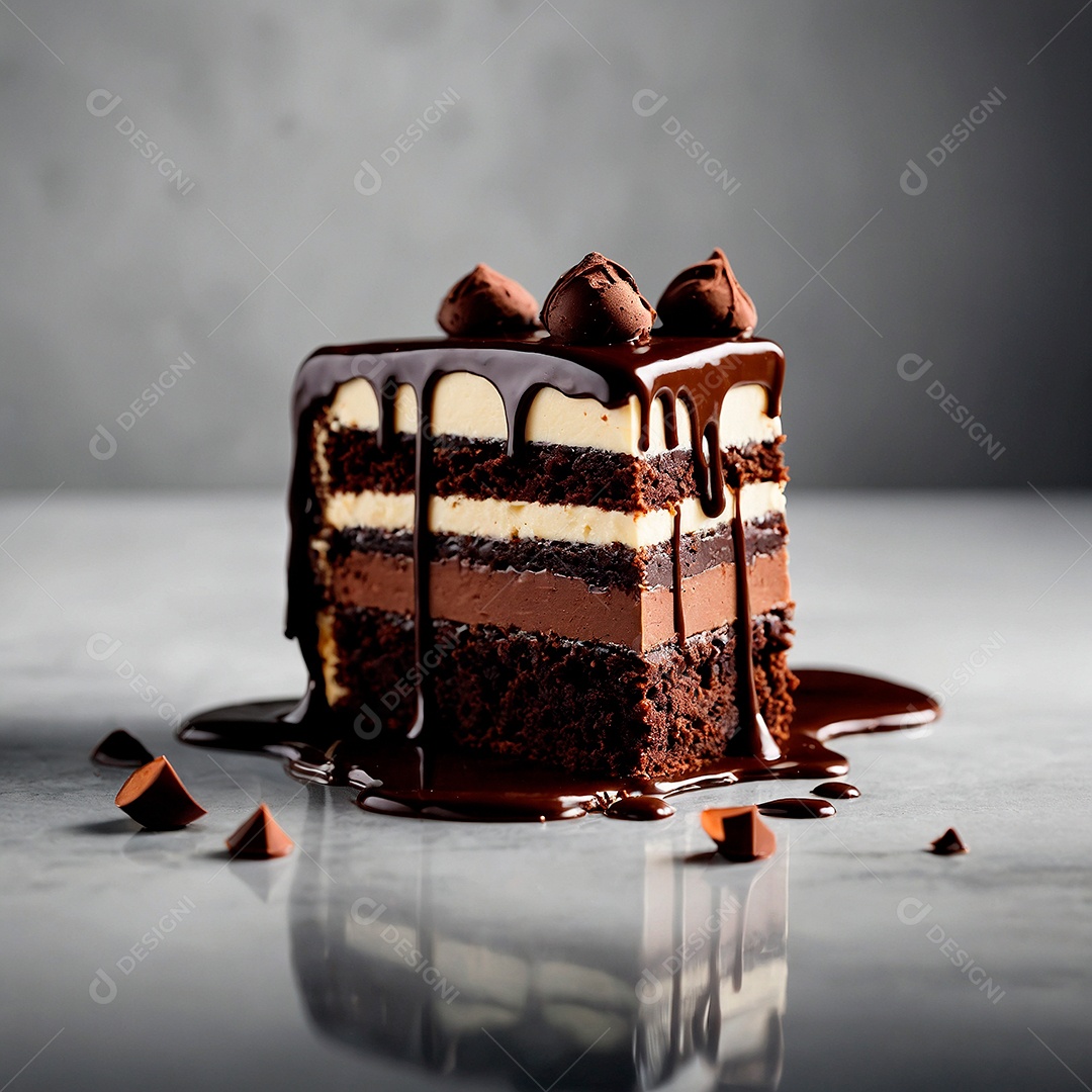 Fatia de bolo bem chocolatudo com calda