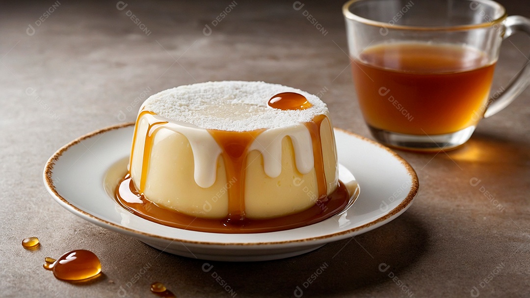 Prato de bolo de creme com calda de caramelo