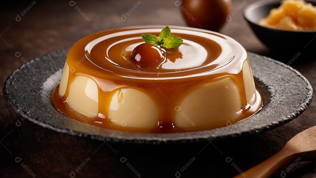 Prato com delicioso pudim com calda de caramelo