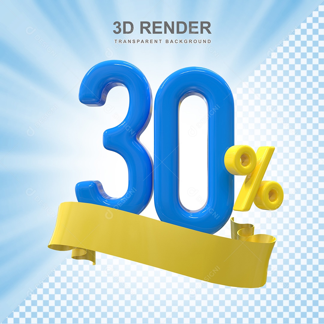 Número 3D 30% Azul e Amarelo Elemento Para Composição PSD