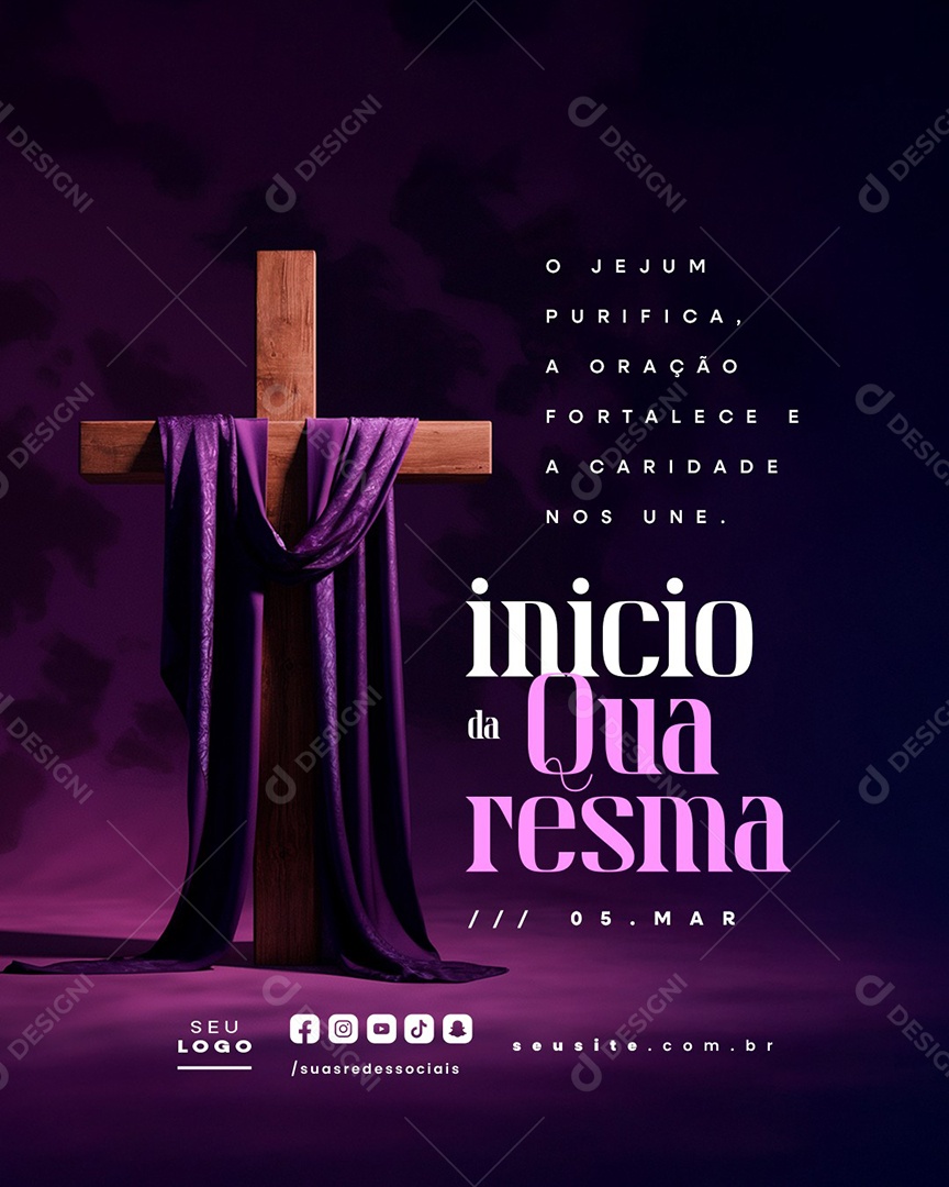 Início da Quaresma 05 de Março O Jejum Purifica Social Media PSD Editável