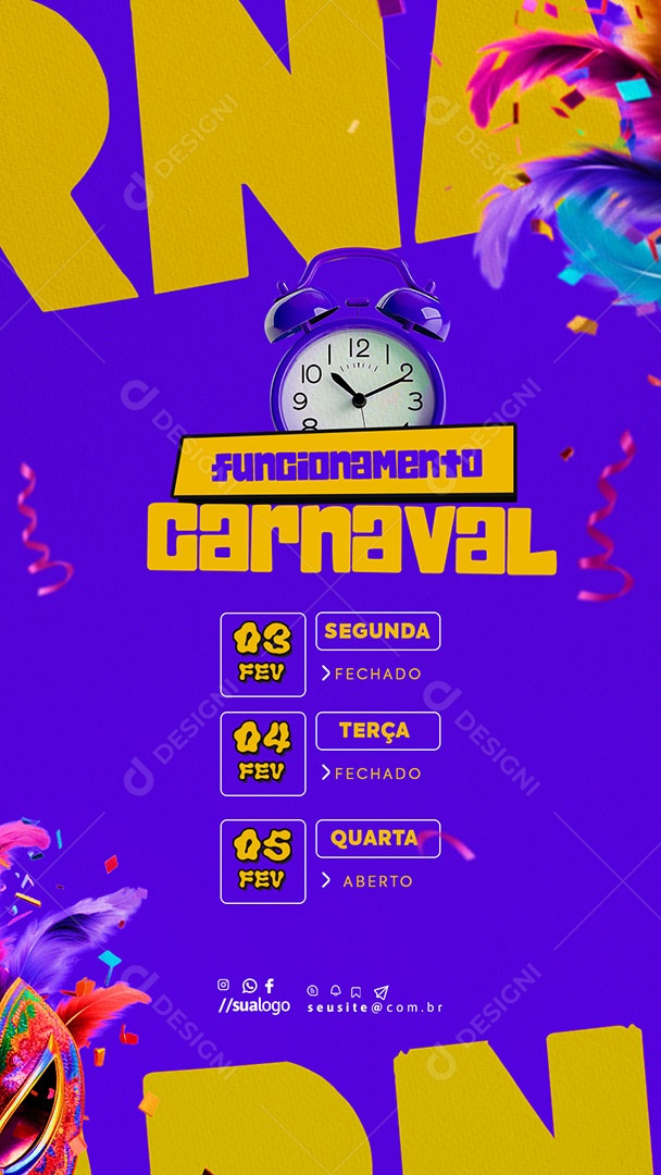 Story Horário Especial de Carnaval Social Media PSD Editável
