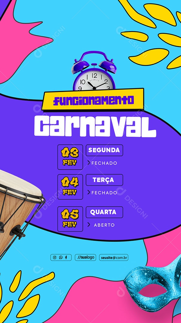 Story Horário Especial de Carnaval Social Media PSD Editável
