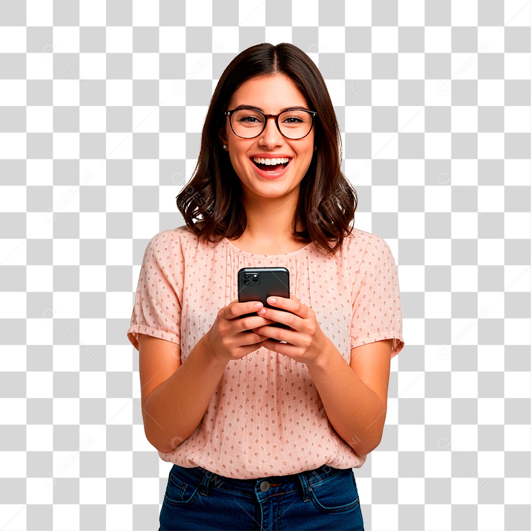 Mulher Segurando Celular PNG Transparente