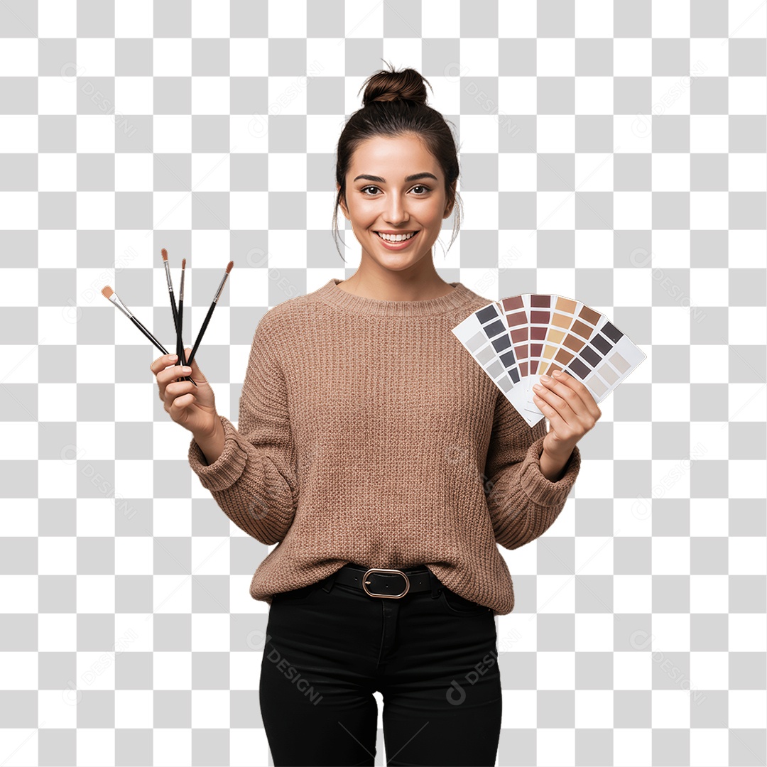 Mulher com Pincéis de Maquiagem PNG Transparente