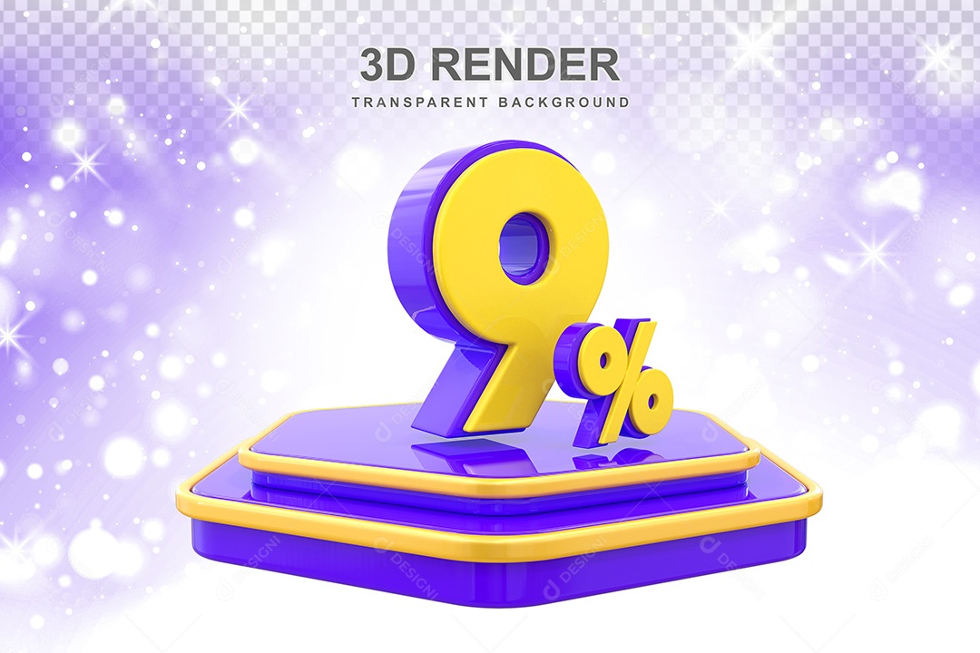 Número 3D 9% Roxo e Amarelo Elemento Para Composição PSD