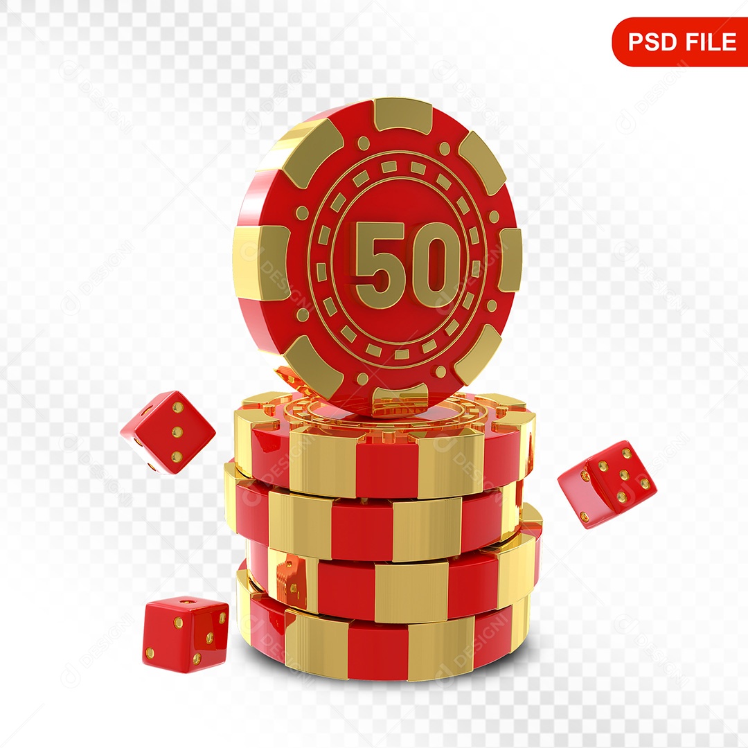 Elemento 3D Fichas de Pôquer Vermelho Dourado para Composição PSD