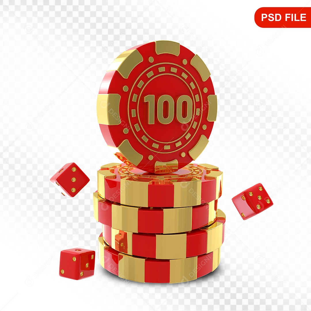 Elemento 3D Fichas de Pôquer Vermelho Dourado para Composição PSD