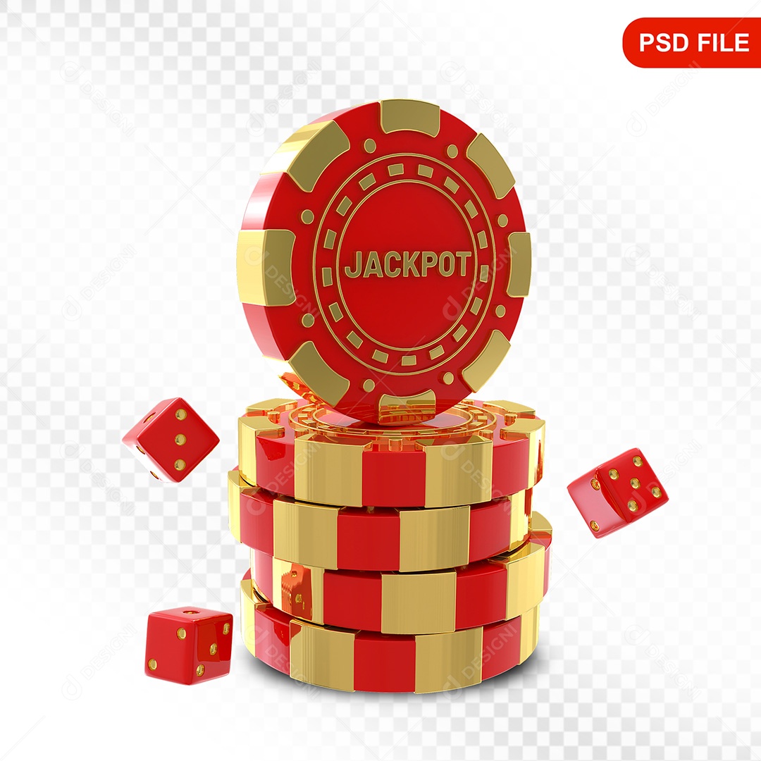 Elemento 3D Fichas de Pôquer Vermelho Dourado para Composição PSD