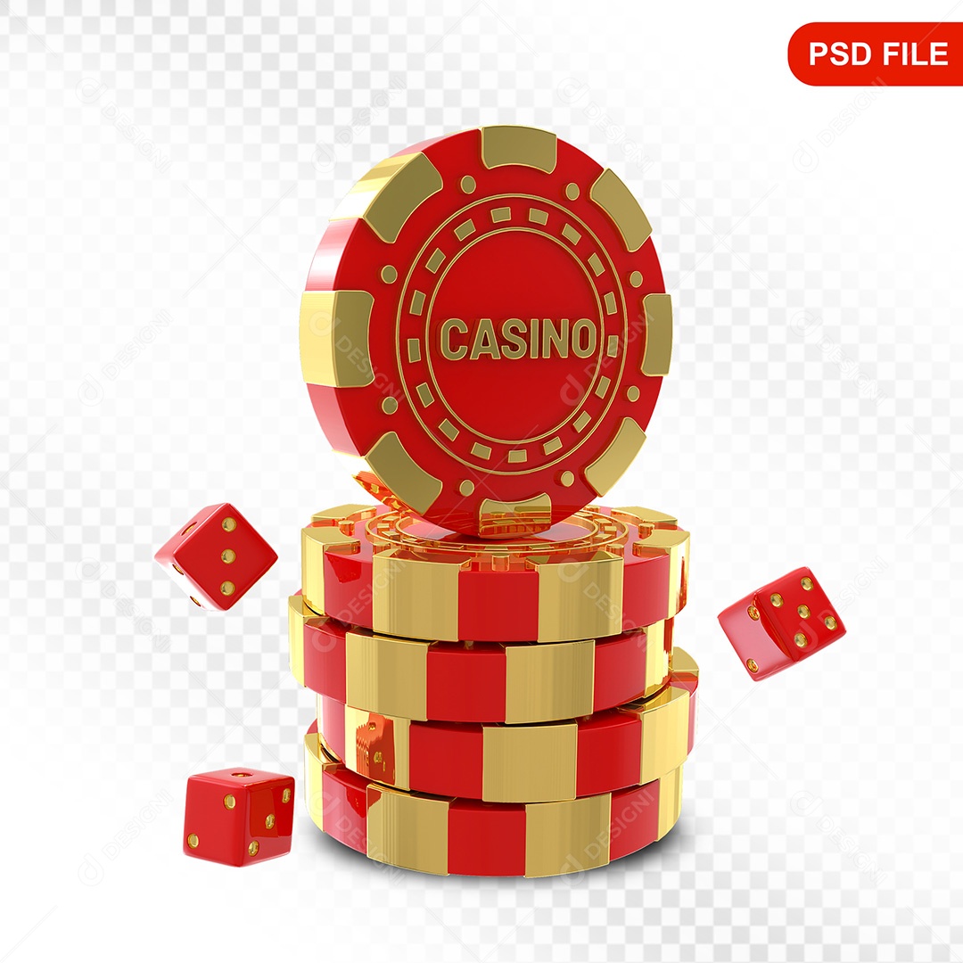 Elemento 3D Fichas de Pôquer Vermelho Dourado para Composição PSD
