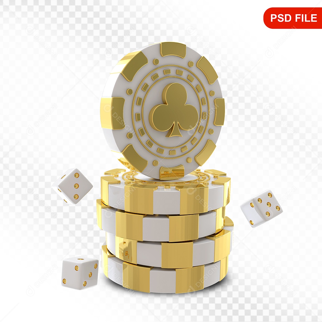 Elemento 3D Fichas de Pôquer Branco Dourado para Composição PSD