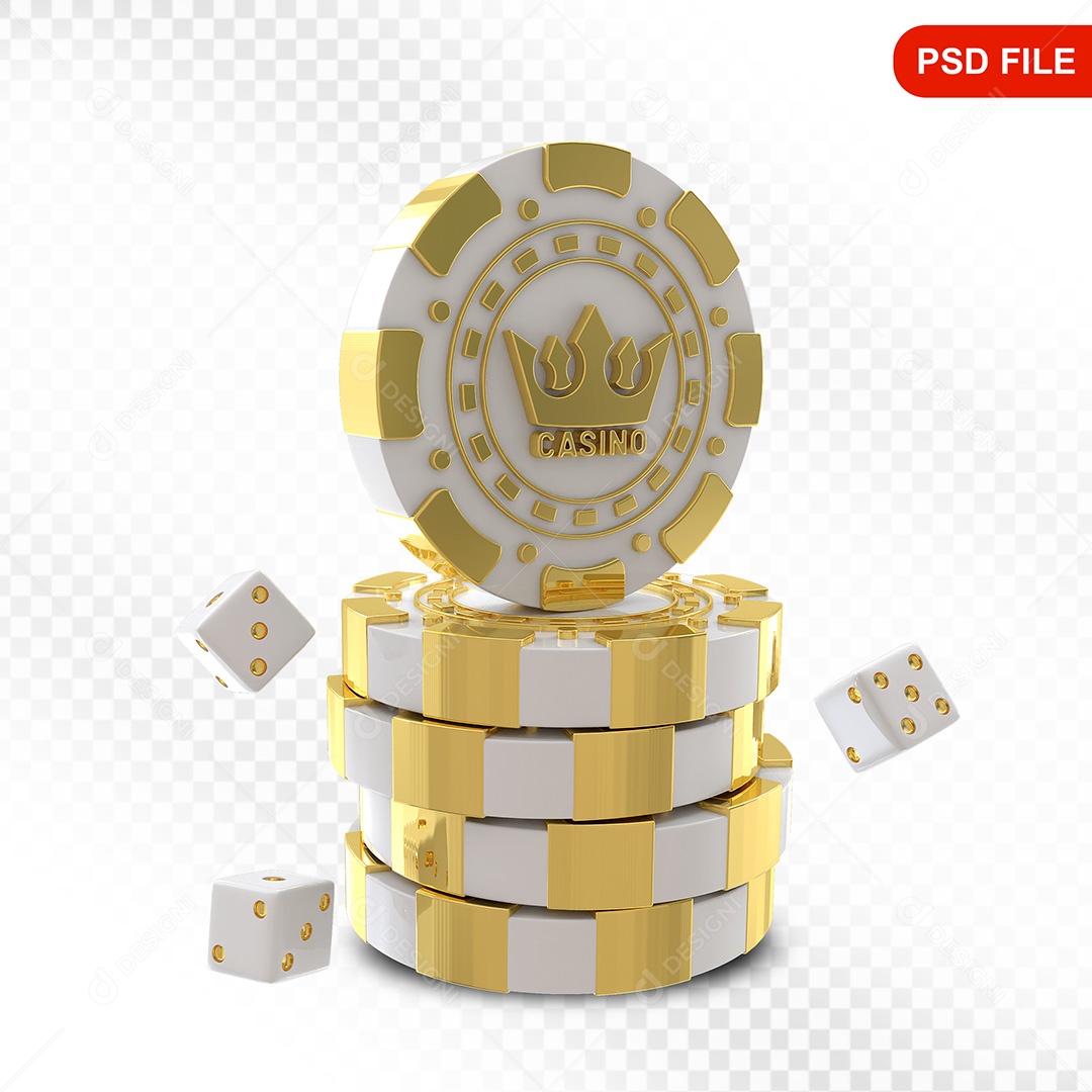 Elemento 3D Fichas de Pôquer Branco Dourado para Composição PSD