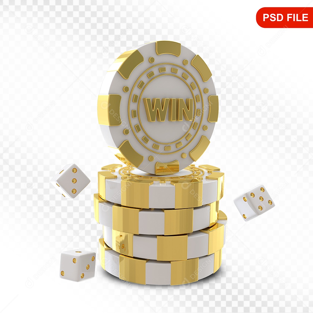 Elemento 3D Fichas de Pôquer Branco Dourado para Composição PSD