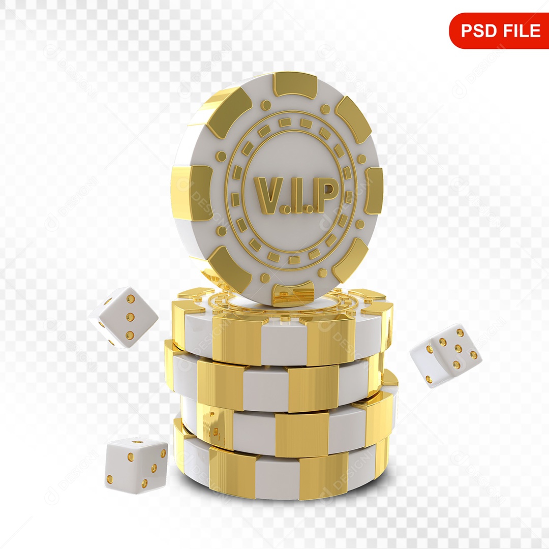Elemento 3D Fichas de Pôquer Branco Dourado para Composição PSD
