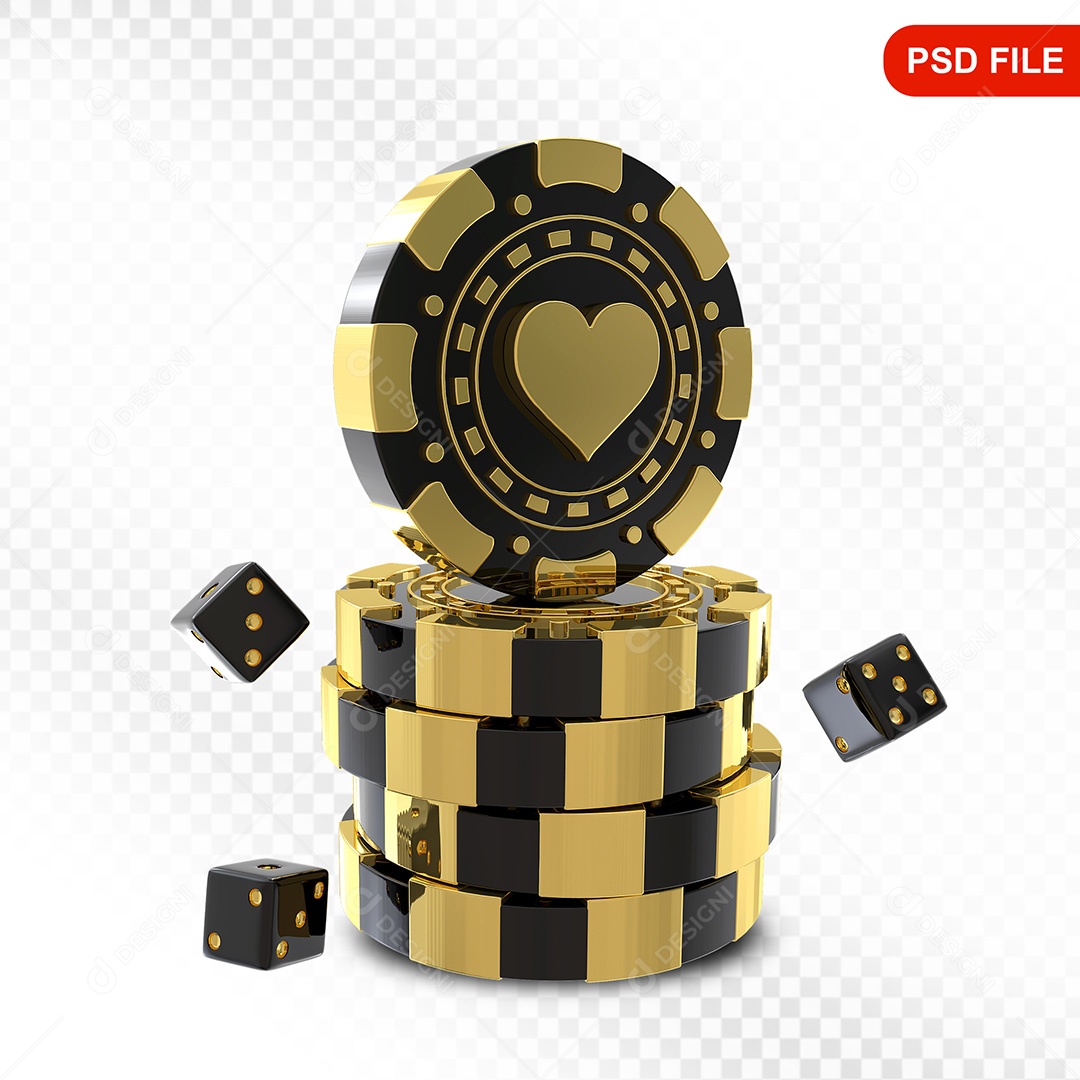 Elemento 3D Fichas de Pôquer Preto Dourado para Composição PSD