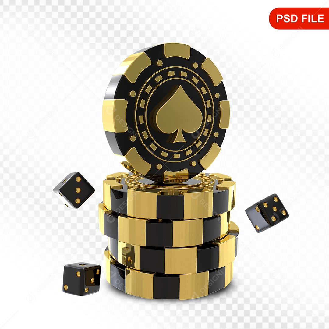 Elemento 3D Fichas de Pôquer Preto Dourado para Composição PSD