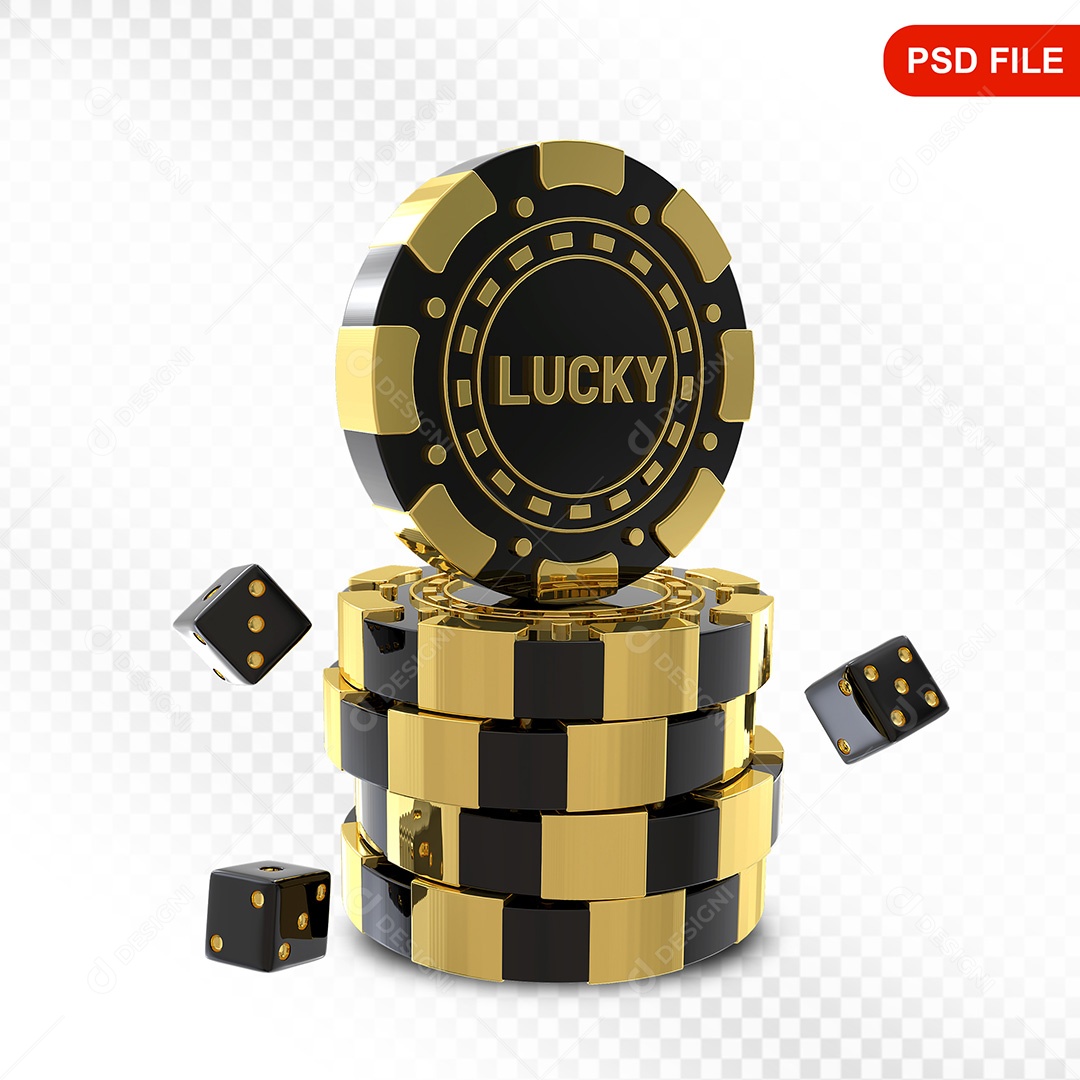 Elemento 3D Fichas de Pôquer Preto Dourado para Composição PSD