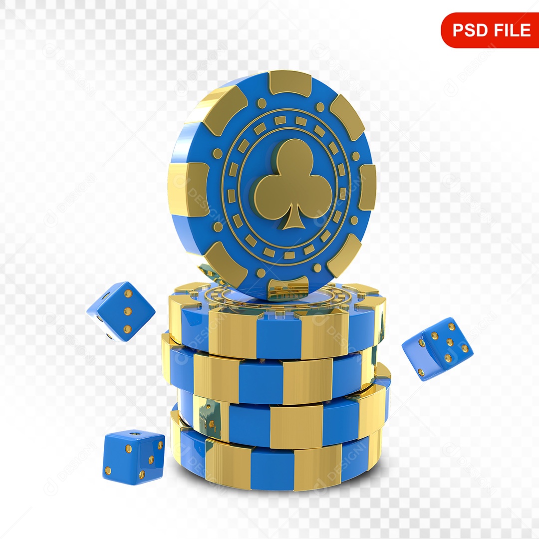 Elemento 3D Fichas de Pôquer Azul Dourado para Composição PSD