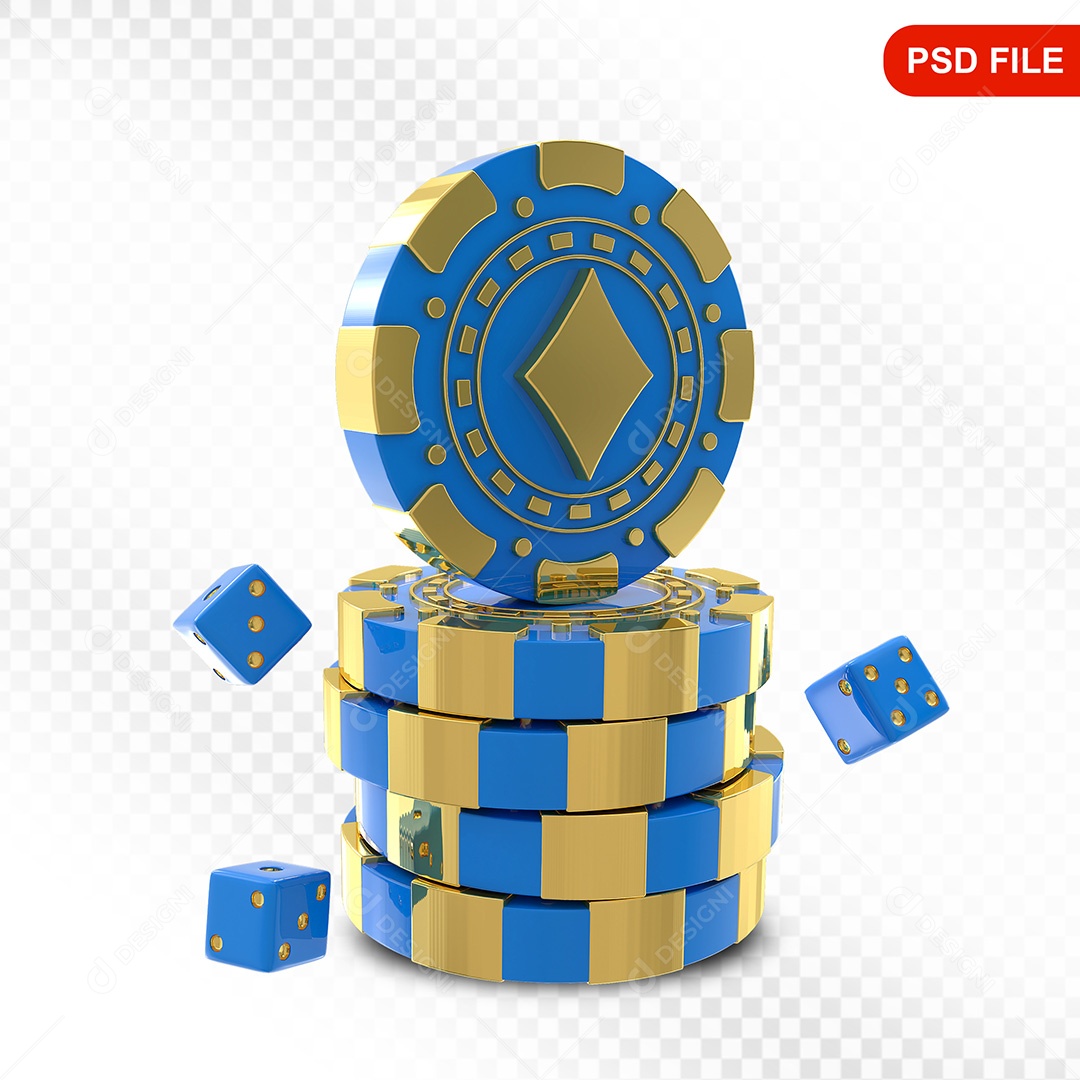 Elemento 3D Fichas de Pôquer Azul Dourado para Composição PSD