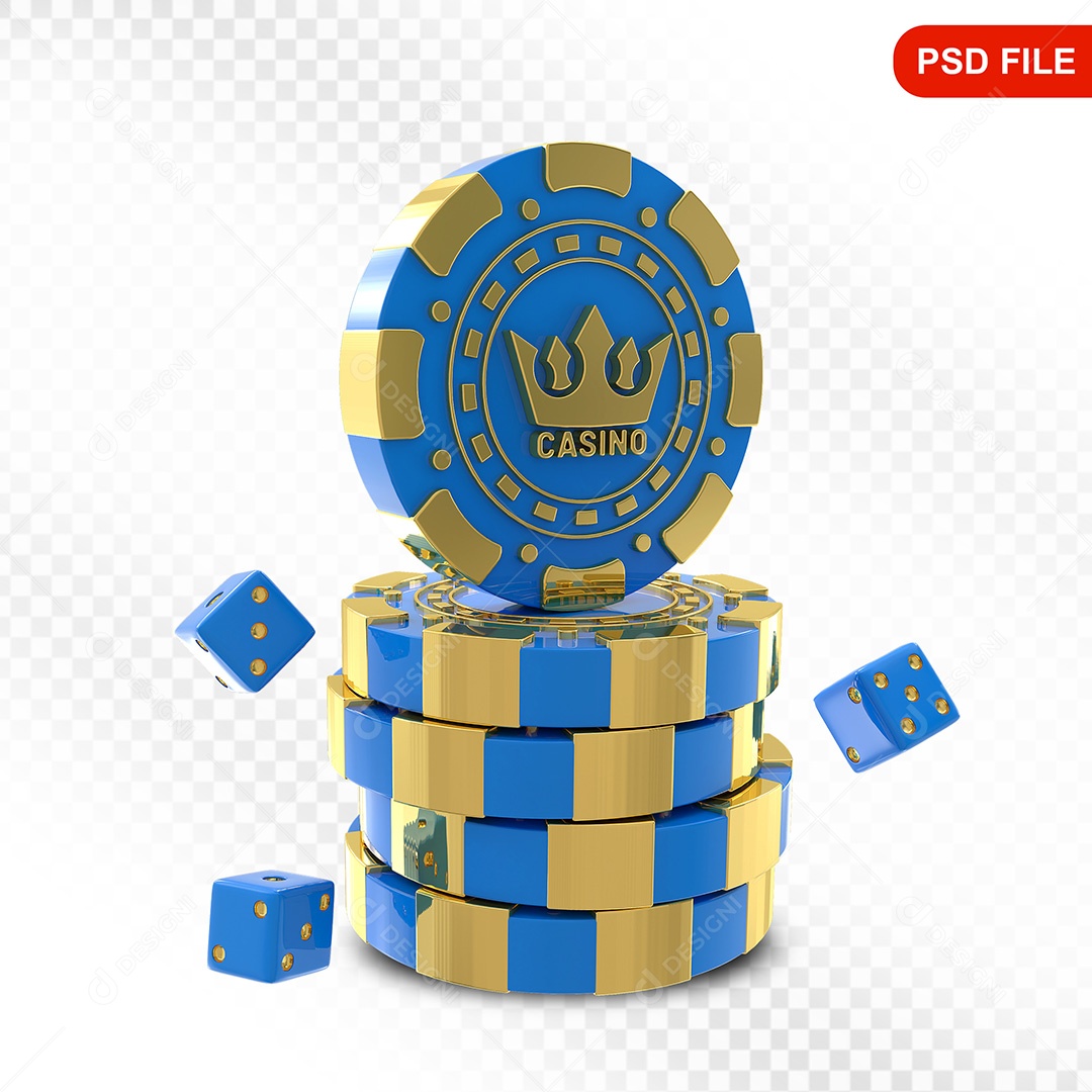 Elemento 3D Fichas de Pôquer Azul Dourado para Composição PSD