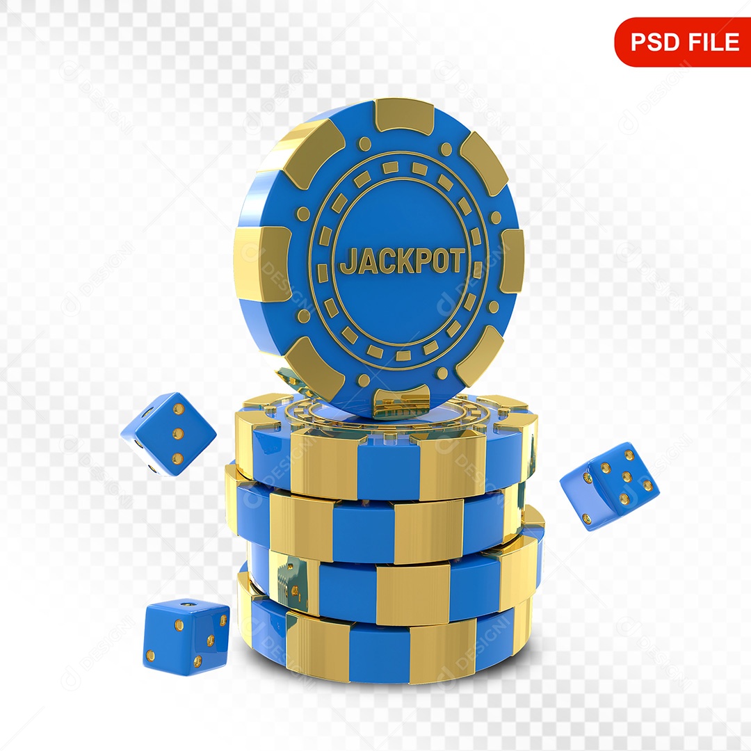 Elemento 3D Fichas de Pôquer Azul Dourado para Composição PSD